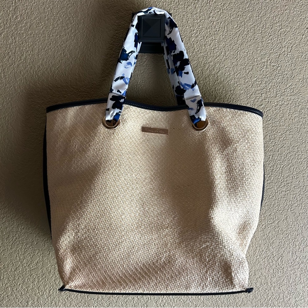 Oscar De La Renta Beach Straw Raffia Tote Shoulder Bag Scarf Handles